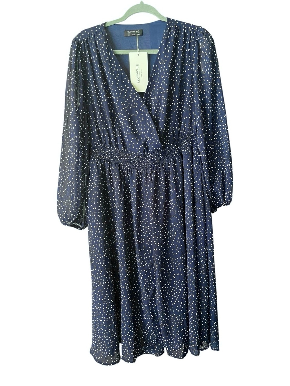 NWT BloomChic Blue Polka Dot Midi Dress Long Sleeve Smocked Waist US 12 Plus